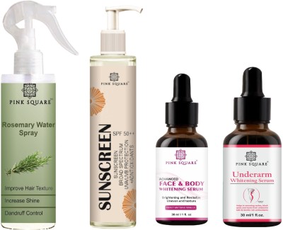 Pink Square Rosemary Spray 100ml, Sunscreen 100ml, FaceBody Serum 30ml & Underarm Serum 30ml(4 Items in the set)