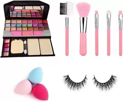 SHEFFO 6155 makeup kit with 5 pcs of brushes & 3 pc puffs + eyelashes(10 Items in the set)