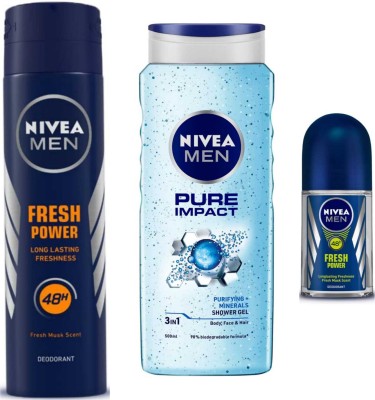 NIVEA fresh power deo pure impact sg and fresh power roll on pack of3(3 Items in the set)