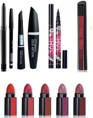 Geggsa Eye Makeup Kit 3in1 with Kajal, Eyeliner Pen & Red Edition Matte Lipstick AABB05(5 Items in the set)