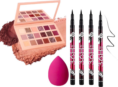 Mehaay cosmetics 18 color Eyeshadow with sponge and 36 hr Eyeliner 4 Pcs(6 Items in the set)