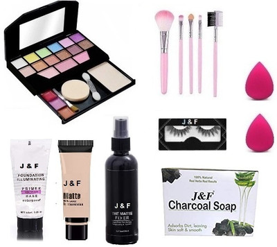 J & F 5024 Makeup Kit ,5 pcs makeup brush ,Eyelashes ,Blender Puff ( Pack of 2 )(8 Items in the set)