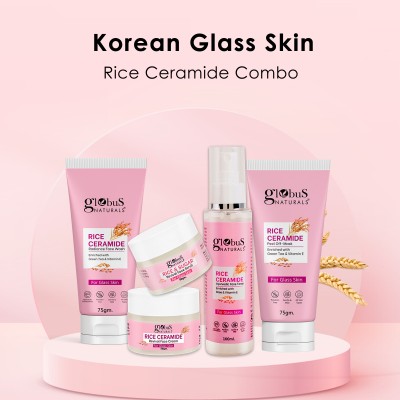 Globus Naturals Ceramide Glow Rice Radiance Combo For Korean Glass Skin Face Wash, Face Cream, Face Toner, Face Scrub, Peel off Mask(5 Items in the set)