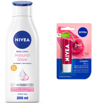 NIVEA NATURAL GLOW BODY LOTION 200 ML & CHERRY SHINE LIP BALM 4.8G(2 Items in the set)