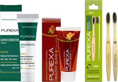 PUREXA Oral Care Combo – Sensitive & Gum Health Toothpaste + 2 Bamboo Charcoal Toothbrushes(4 Items in the set)