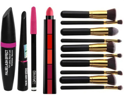 Jollity 3 in 1 Eyebrow Pencil, Eyeliner, Mascara & 5in1 Red Matte Creamy Lipstick & 10 Piece Black Make Up Brush(5 Items in the set)