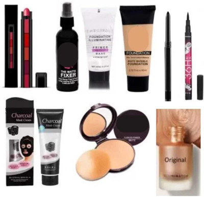 mkldsrh 5 in 1 lipstick with foundation primer fixer kajal 36h compact powder charcoal mask & highlighter(9 Items in the set)