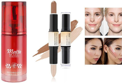 Neycare waterproof fouandtion matte finish full coverage & long lasting with 2 in 1 contour stick easy to apply face(2 Items in the set)