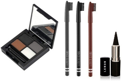 Lenon Beauty. Eyebrow Palette 3 Brows Powder + 1 Wax Cream With Eye Brow Pencil Black, Grey & Brown & Kajal(5 Items in the set)