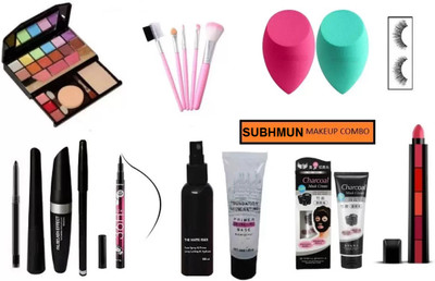 SUBHMUN 5 IN 1 MATTE LIPSTICK , KAJAL , WATERPROOF 36 HR AND 3 IN 1 COMBO SET AND EYELASHES AND PUFF 2 PCS AND CHARCOAL MASK(11 Items in the set)