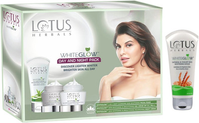 LOTUS HERBALS White Glow Day AND NIGHT CREAM 60G WITH WHITEGLOW Skin Brightening Oatmeal & Yogurt Scrub 50G WITH FACIAL FOAM 100G(4 Items in the set)