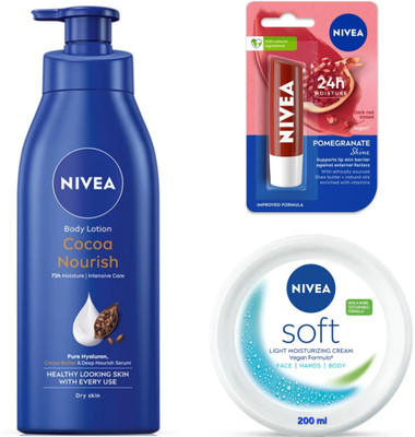 NIVEA COCOA NOURISH BODY LOTION 400 ML, POMEGRANATE SHINE LIP BALM 4.8G & SOFT CREAM 200 ML(3 Items in the set)