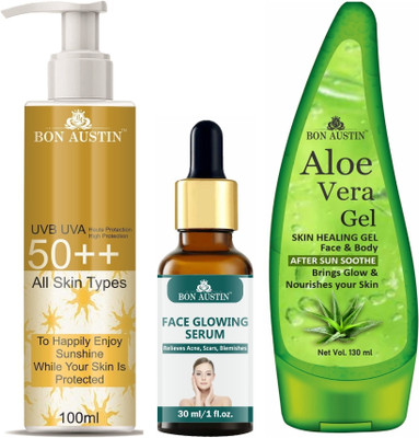 Bon Austin Broad Spectrum Sunscreen 100ML, Face Glowing Serum 30ML & Aloe Vera Gel 130ml(3 Items in the set)