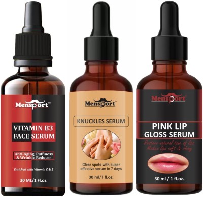 Mensport Vitamin B3 Facial Serum, Knuckles Serum & Pink Lip Gloss Serum Combo Pack (Each, 30ml)(3 Items in the set)