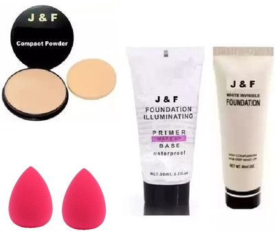 J & F Face Compact, Blender Puff (2),Primer, Foundation(4 Items in the set)