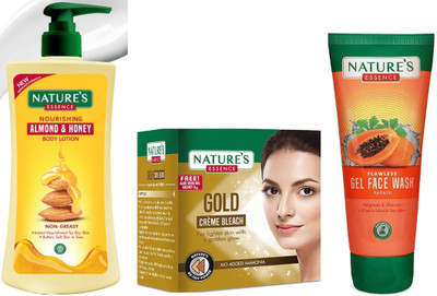 Nature's Nourishing Almond & Honey Body Lotion (400ml)Gold Cream Bleach (21g)Anti-Pigmentation Papaya Gel Face Wash (50ml)(3 Items in the set)