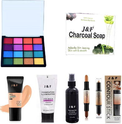 J & F 16 Color Eyeshadow,Primer,Fixer,Foundation,Charcoal Soap,Contour(6 Items in the set)