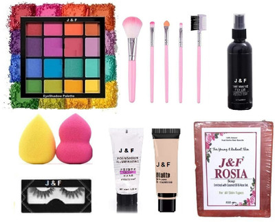 J & F 16 color Eyeshadow Palette,5 pcs makeup brush,Eyelashes,Blender Puff ( Pack of 2(8 Items in the set)