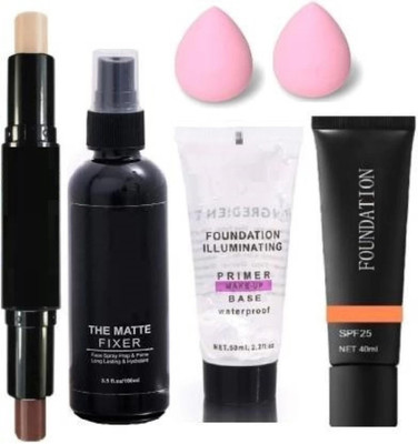 lip ray Makeup fixer with primer and compact , foundation and 2 pcs puffs and contour stick(7 Items in the set)