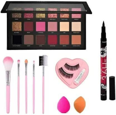 MISTY ALLE 1 ROSEGOLD 18 SHADES+5 IN 1 BRUSH+ 2 PUFF+1 eyeliner+1 eyelash(10 Items in the set)