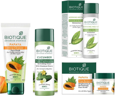 BIOTIQUE PAPAYA FACE WASH 100ML & MORNING NECTAR MOSTURIZER 120ML & CUCUMBER TONER 120ML & PAPAYA FACE SCRUB 75G |SKIN CARE KIT|(4 Items in the set)