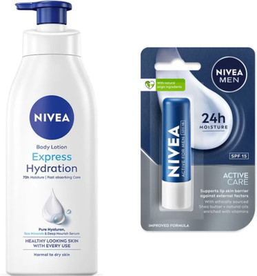 NIVEA EXPRESS HYDRATION BODY LOTION 400 ML & ACTIVE CARE MEN LIP BALM 4.8G(2 Items in the set)