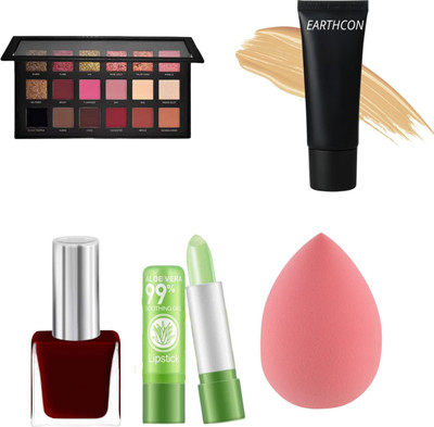 Earthcon Combo Pack of Eyeshadow Av LIpblam Foundation MNP Puff(5 Items in the set)