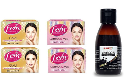 Fem GOLD BLEACH 2 PC & SAFFRON AND MILK 2 PC EACH OF 40 G & SUBAXO CHARCOAL FACE WASH 100 ML(5 Items in the set)