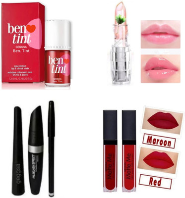 Geggsa 3 in 1 Eye Makeup Kit with Candy Lip Balm, Bene Tint Lip and Cheek Stain and Liquid Lipstick Red and Maroon(7 Items in the set)