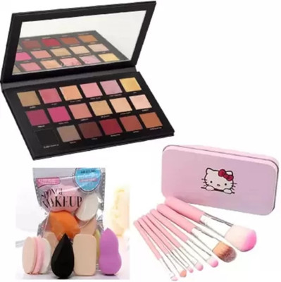 Mecovip 18 colors rosegold eyeshadow palette with 6 in 1 sponges puff & 7 pcs makeup brush(14 Items in the set)