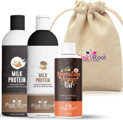 PINKROOT Milk Protein Shampoo 200ml, Conditioner 200ml, Moroccan Argan Oil 100ml With Bag(4 Items in the set)