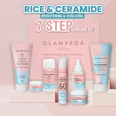 GLAMVEDA Glass Skin Rice & Ceramide 7 Step Weekly Skincare Routine For Women with Gift Box(7 Items in the set)
