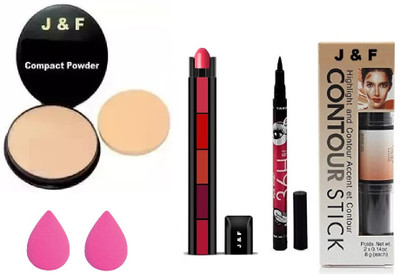 J & F Face Compact,5 in 1 Red Lipstick,Eyeliner, Contour,Blender Puff(5 Items in the set)