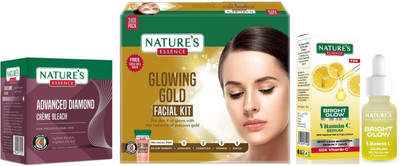 Nature's Diamond Cream Bleach (21g) Glowing Gold Facial Kit (60g) Bright Glow Vitamin C Serum (12ml)(3 Items in the set)