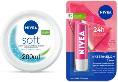 NIVEA Soft Cream 200ml lotion & Watermelon Lipbalm Set of 2(2 Items in the set)