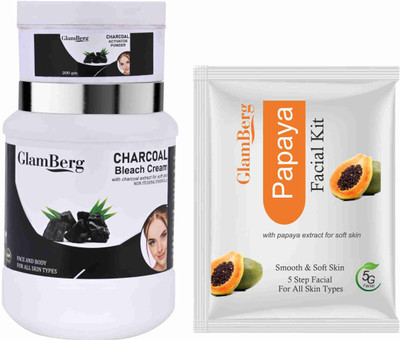 Glamberg Charcoal Bleach Cream With Activator + Papaya Facial Kit 5 in 1(2 Items in the set)