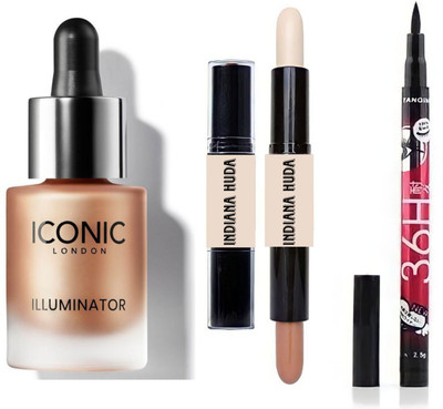 INDIANA HUDA ORIGINAL(Champagne Shimmer)Iconic illuminator highlighter & Dual-Ended, 2IN1 Contour Stick & Long Stay,No-Smudge 36H EYELINER(3 Items in the set)