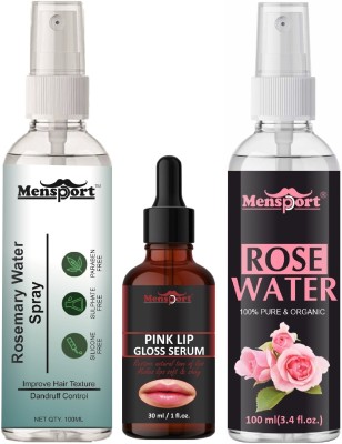 Mensport Rosemary Hair Spray 100ml, Pink Lip Gloss Serum 30ml & Natural Rose Water 100ml(3 Items in the set)