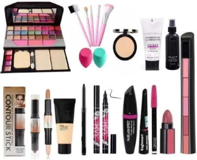 mkldsrh 6155 make up kit & brush blender compact primer fixer lipstick contour foundation kajal 36 h 3 in 1 kajal eyeliner mascara(11 Items in the set)