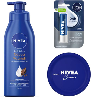 NIVEA COCOA NOURISH BODY LOTION 400 ML, ACTIVE CARE LIP BALM 4.8G & CREME 100 ML(3 Items in the set)