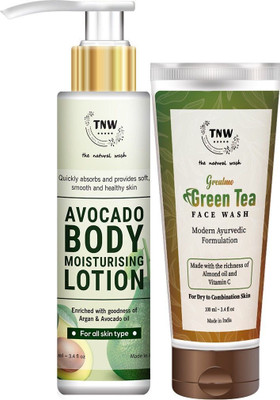 TNW - The Natural Wash Avocado Body Moisturizing Lotion for Dry & Sensitive Skin With 24 hr nourishing Moisturizer Lotion Cream(100ml) with Detox Green Tea Face Wash - Dirt Removal-Vitamin C-Green Tea Helps Prevent Acne and Purifies(100ml)(2 Items in the set)