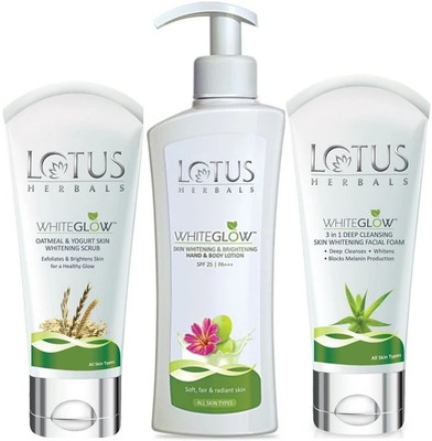 LOTUS Herbals WHITEGLOW Combo ( Oatmeal & Yogurt Scrub_100 gm + Body Lotion_300ml +Facial Foam_100 gm )(3 Items in the set)