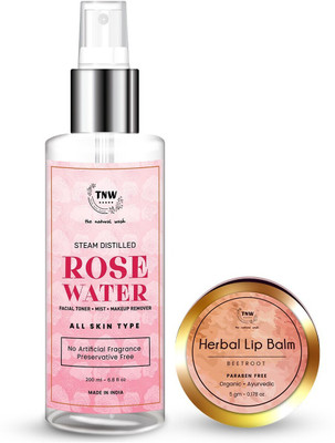 TNW - The Natural Wash Steam Distilled Rose Water 200 ml & Beetroot Lip Balm Combo for Hydrated skin(2 Items in the set)
