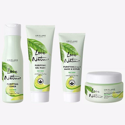 Oriflame LOVE NATURE Purifying Gel Wash with Organic Tea Tree & Lime 125 ml , Toner 150 ml , 2-in-1 Mask & Scrub 75 ml, Face Lotion 50 ml(4 Items in the set)