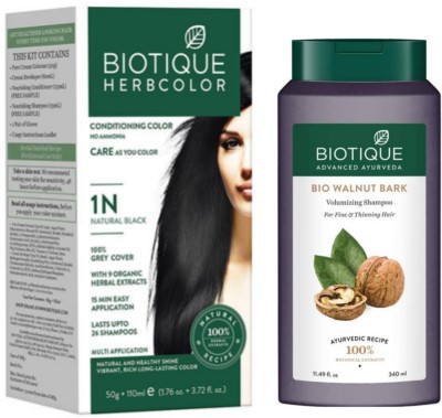 BIOTIQUE Conditioning Hair Color 1N Natural Black & Walnut Bark Shampoo 340 ML  (2 Items in the set)