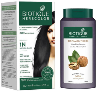 BIOTIQUE Conditioning Hair Color 1N Natural Black & Walnut Bark Shampoo 340 ML (2 Items in the set)