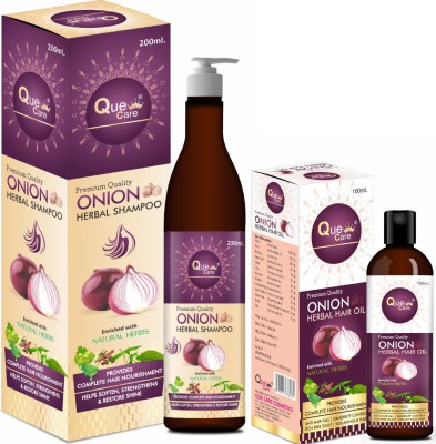QUE CARE Onion Hair Care Kit Combo of 2- Onion Shampoo+ Onion Hair Oil Net Vol 300 ml(2 Items in the set)