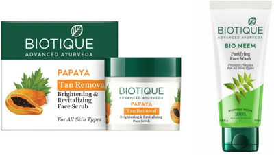 BIOTIQUE Papaya Face Scrub 75gm & Neem Face Wash 100 ML(2 Items in the set)