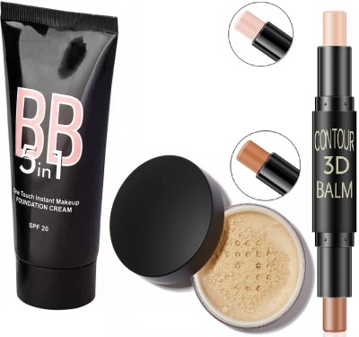 KAIASHA MAKEUP COMBO BB foundation in liquid oil control loose powder contour 3d balm stick(3 Items in the set)