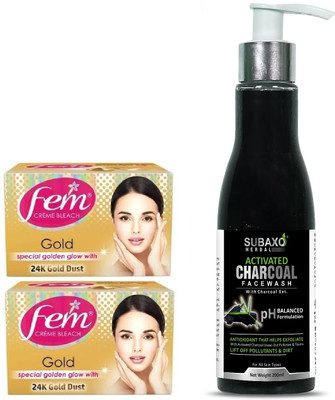 Fem GOLD CREME BLEACH 2 PC EACH 40 G AND ACTIVATED CHARCOAL FACE WASH 200 ML(2 Items in the set)